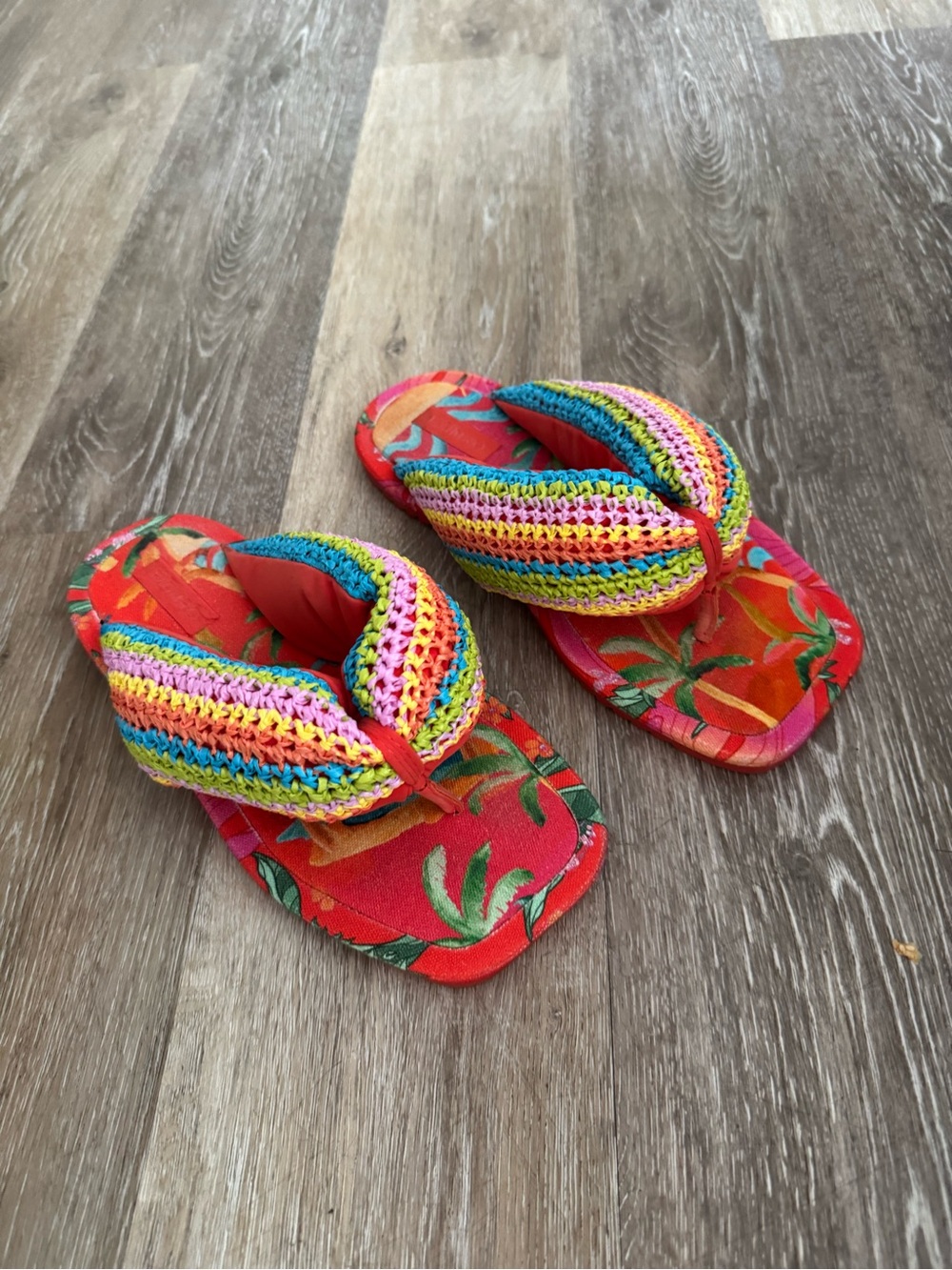 Farm Rio Toucans Puffy Crochet Flip Flop Statement Sandals